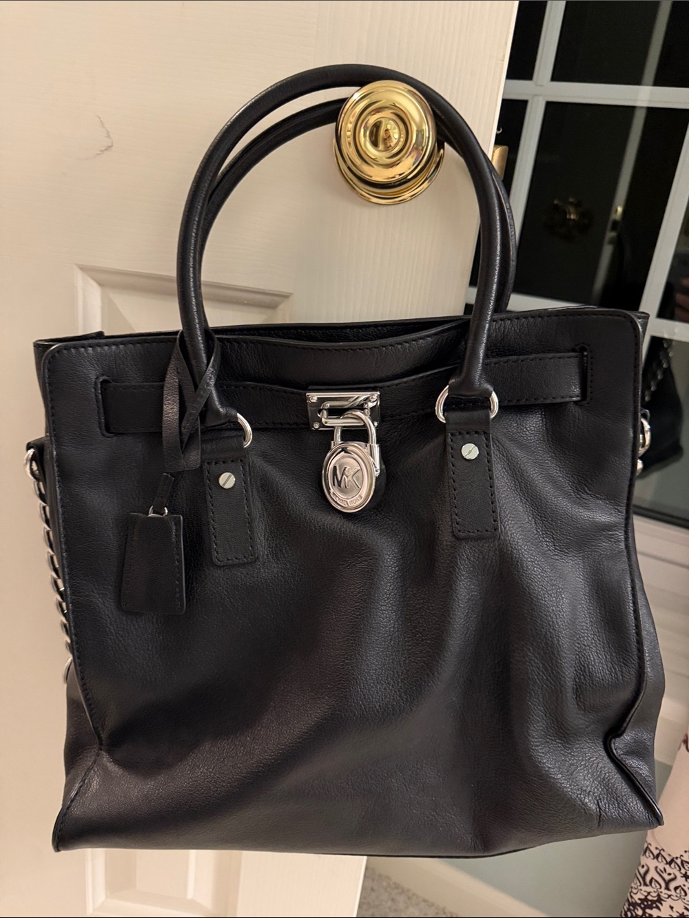 Michael Kors Black Leather Satchel with Silver MK Padlock - Picture 2 of 3